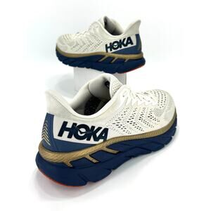 Hoka One One Clifton 7 Wn Running Shoe/Sneaker Size 10.5 Off-White Gold Navy Gym
